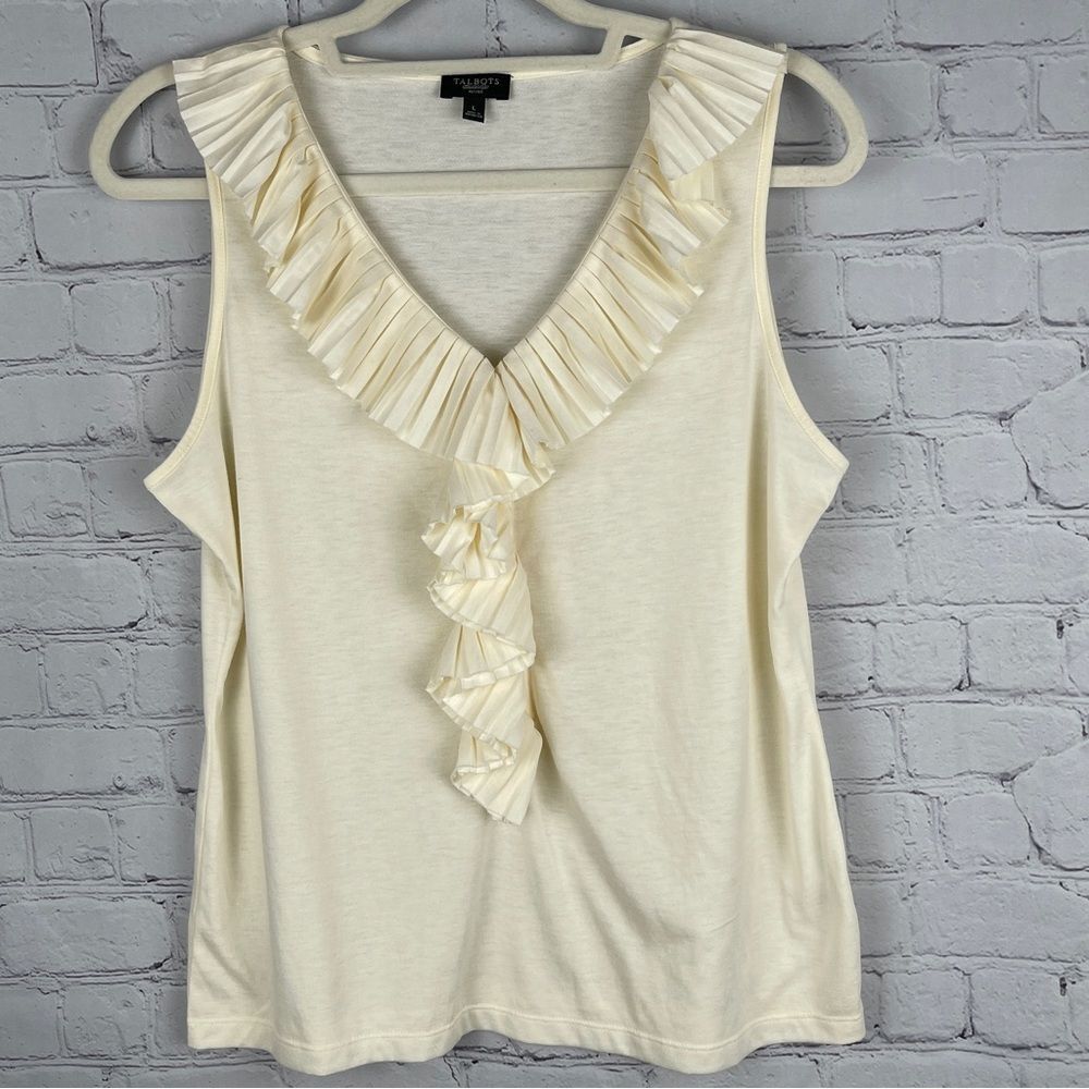 TALBOTS women's soft beige pleated ruffled neckline tank top, size L Petite
